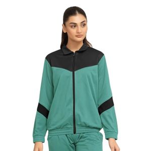 Veste de survêtement zippée intégrale pour femme, vert sarcelle et noir, col montant, manches longues, style décontracté, sportswear et activewear - Product Image 1
