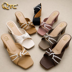 Sandales à talon épais et bout carré pour femme, style coréen, mules à enfiler en Raxine multicolores, chaussures d'été - Product Image 1