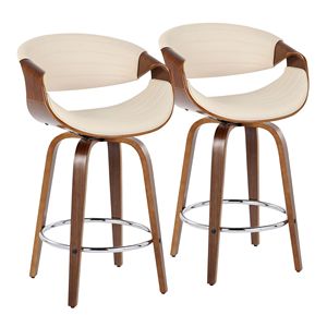 Symphony 26 \ "Set moderno sgabello da banco a altezza fissa della metà del secolo 2 mobili girevoli in legno di noce per sala da pranzo in finta pelle crema - Product Image 1