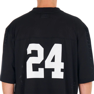 เสื้อยืดโอเวอร์ไซส์สีดำตาข่ายสำหรับผู้ชาย ขายดี แต่งแถบสีขาว ไหล่ตก ทรงบ็อกซี่ ผ้าสองชั้น ระบายอากาศได้ดี เหมาะสำหรับเล่นฟุตบอล - Product Image 5