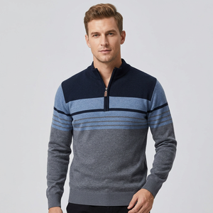 Pull tricoté rayé pour homme avec fermeture éclair 1/4, manches longues, veste d'automne, veste d'extérieur à demi-zip, fabriqué au Bangladesh - Product Image 2