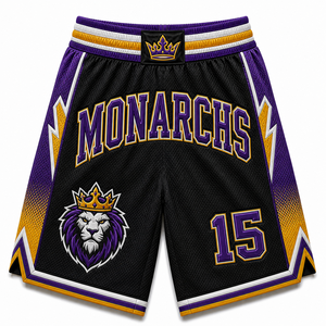 กางเกงบาสเก็ตบอลขายส่งแบบ Monarchs ปักชื่อทีมตามสั่ง ผ้าตาข่ายระบายอากาศ ชุดกีฬาแนวสตรีทแวร์ ผู้ผลิตชุดยูนิฟอร์มระดับพรีเมียม รับผลิตแบบ OEM - Product Image 1