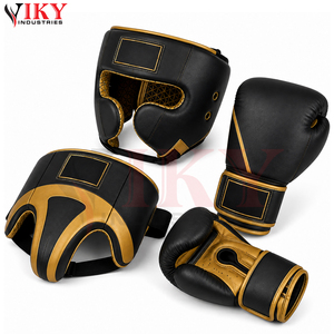 Guantes de boxeo de cuero de vaca negro dorado de primera calidad, resistentes y de alto rendimiento, conjunto de protector facial completo y protector abdominal - Product Image 2