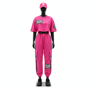 Conjunto de Top Corto y Pantalón para Mujer, Poliéster Interlock Premium 220 GSM, Rosa y Negro con Panel y Logotipo Termotransferible - Product Image 6