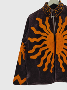 Veste en velours à col mandarin brodée à la main avec motif soleil, manches longues, fermeture éclair, pour adulte, collection automne, motif géométrique - Product Image 6
