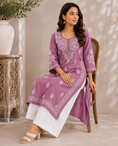 Mauve Embroidered <b>Chikankari</b> Straight <b>Kurta</b> with White Palazzo Set Buy Direct From Supplier - Product Image 3