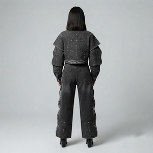 Custom <b>Rhinestone</b> Cross Black Denim <b>Jacket</b> and Pants Set Streetwear Fashion Apparel Collection Design For Unisex Comfort Wear - Product Image 4