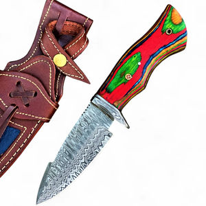 Cuchillo Táctico de Supervivencia y Camping de Acero de Damasco de Grado Industrial de Alta Calidad con Hoja Fija de Punta Caída y Mango de Madera Pakka con Funda de Cuero - Product Image 1