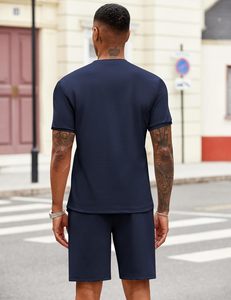 Ensemble deux pièces tricoté de haute qualité pour homme : T-shirt décontracté à col zippé et short athlétique respirant et confortable pour la course et l'entraînement estival - Product Image 3
