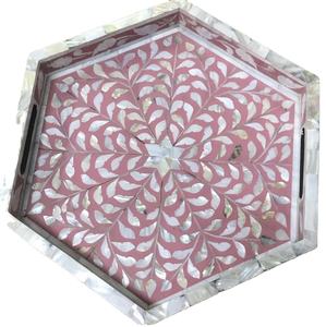 Dernier plateau en nacre incrusté de motifs floraux Plateau de service de forme hexagonale avec logo personnalisé Cadeau Eid Ramadan Décoration de table Articles ménagers - Product Image 3