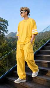T-shirt Jaune Oversize Homme Manches Courtes Col Rond Coton Jersey Style Urbain Manches Rayées Blanches Couleur Unie Devant Respirant - Product Image 2