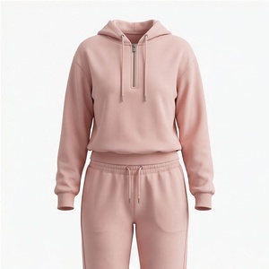 Ensemble de survêtement 2 pièces en polaire rose à capuche pour femme, coupe décontractée, toutes saisons, vêtements de sport, haut à fermeture éclair à manches longues et couleur unie - Product Image 1