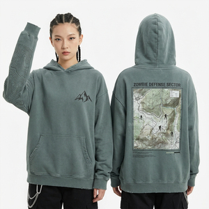 เสื้อฮู้ดดี้สีเขียวมิ้นท์ทรงโอเวอร์ไซส์สำหรับผู้หญิง ลายกราฟิกซอมบี้เล่นเซิร์ฟแบบดิสเทรส พิมพ์ลายคลื่นทะเลที่แขนเสื้อ ชุดลำลองธีมชายหาด - Product Image 4