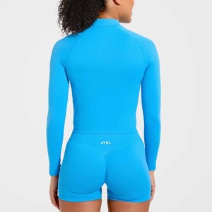 Women's Blue Full Sleeve Zipper Sports <b>Set</b> Stand Collar Crop Top Biker Shorts Quick Dry Knitted Sporty Fit Spring Summer - Product Image 2