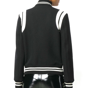 Blouson universitaire pour femme, noir et blanc contrasté, manches longues, broderie, hiver, longueur standard, simple boutonnage, polyester et coton tissé - Product Image 4