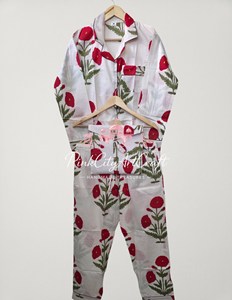 Luxury Women's Hand Block Printed Pure Cotton Summer Night <b>Suit</b> Set Elegant Full Sleeve Notch Collar Shirt Straight Fit <b>Pyjamas</b> - Product Image 5