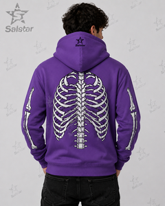 Sweat-shirt à capuche zippé pour homme, coupe classique, en polyester tricoté, motif crâne gothique violet, avec design flamme et imprimé squelette sur le devant - Product Image 2
