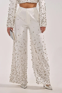 Women's <b>White</b> Sequined <b>2</b>-<b>Piece</b> Blazer <b>Set</b> Full Sleeve Loose Fit Elegant Spring Summer Satin Long Pants Suit - Product Image 2