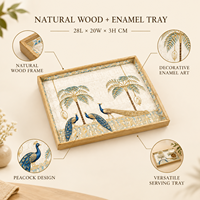 Plateau de service élégant en bois naturel émaillé |   Table de repas rectangulaire avec motif de palmier paon, pour le thé, le café, les collations, Ramadan, mariage