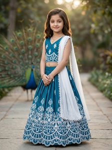 Shoryam Fashion Girls Teal Embroidered Lehenga Choli Kids Traditional Ethnic Wear Crop <b>Top</b> Skirt <b>Festive</b> Wedding Party Dress Set - Product Image 5