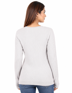 Cardigan décontracté gris clair en maille torsadée boutonnée pour femme, avec logo sur le devant, manches longues et col rond, idéal pour l'automne - Product Image 3