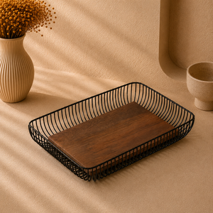 Artisan Wooden Base Metal Wire Storage <b>Tray</b> Premium Rectangular Organizer Rustic Serving <b>Basket</b> Durable Home Decor Display - Product Image 1