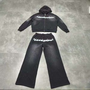 Manufacturers Custom Clothing All Over Printing Acid Wash Zipper Rhinestone Sweatsuit Tracksuit Hoodie and <b>Sweatpants</b> <b>Set</b> Men - Product Image 3