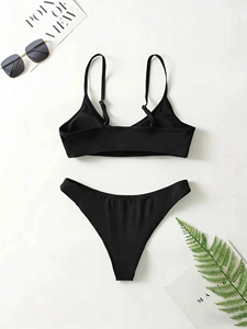 Bikini con tirantes ajustables para mujer – Traje de baño de dos piezas de color liso y corte ajustado para playa y piscina - Product Image 2