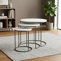 Ensemble de 3 tables gigognes modernes en fer et marbre, plateau rond en marbre blanc, structure en métal noir, tables basses d'appoint pour salon