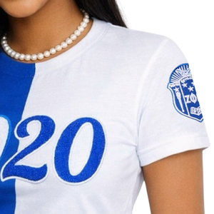 Zeta Phi Beta Half Blue <b>White</b> 1920 Chenille <b>Tee</b> Women Color Block Sorority Shirt Stylish Casual Soft Top - Product Image 4