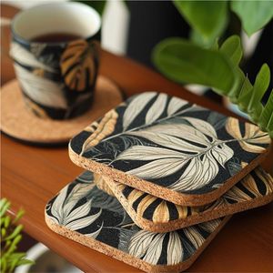 Eco Friendly Square Cork Coaster Set Custom Logo Anti Slip Monstera Leaf Tea Cup Mat Premium Wooden Drink Coasters Bulk Coasters - Product Image 1