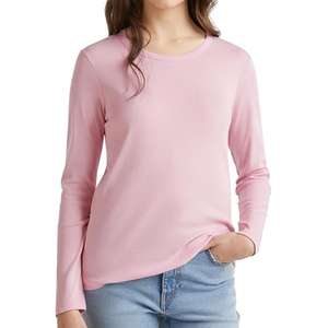 Camisetas Casuales de Moda para Mujer, Cuello Redondo, Manga Larga, 100% Algodón, Tejido Liso Teñido, Ecológico, Transpirable, de Secado Rápido, Color Rosa - Product Image 1