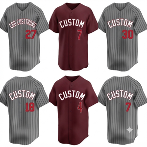 Maillot de baseball marron brodé, uniforme d'équipe personnalisé, tenue athlétique, gris à fines rayures, unisexe, col en V, 100 % coton, antibactérien - Product Image 2
