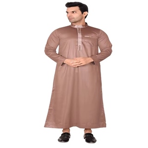 Qamis Homme Marron en Polyester à Manches Longues, Col Montant, Boutons sur le Devant, Longueur Ras du Sol, Robe de Prière Musulmane Traditionnelle Arabe - Product Image 1