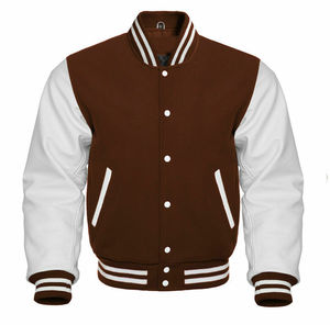 Chaqueta de hombre estilo Letterman con mangas de cuero blanco y cuerpo de lana marrón, chaqueta clásica de moda con mangas largas para hombre - Product Image 1