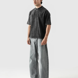 T-shirt décontracté pour homme en coton 100% écologique, noir délavé, à manches courtes, col rond, coupe oversize, couleur unie, tricot jersey vierge - Product Image 3