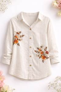 <b>Women</b> Premium White Cotton <b>Shirt</b> Orange Floral Embroidery Full Sleeve Button Down Casual <b>Dress</b> Blouse for B2B Buyers - Product Image 5