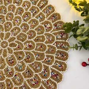 Handmade Glass Beaded Rectangle Tablemat with Floral <b>Mosaic</b> Pattern Gold and Multicolor Decor - Product Image 4