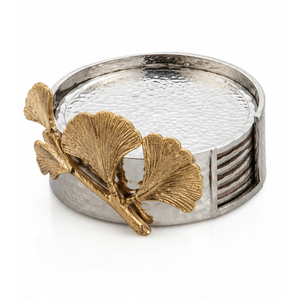 Hammered Stainless Steel Metal Coasters Set with Metal Ginkgo Leaf Holder Decorative Round Drink <b>Cup</b> <b>Mats</b> for Wholesale Home - Product Image 1