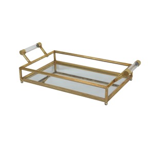 Rectangle Gold Plated Storage Tray With Clear <b>Acrylic</b> Handles Modern Polished Metal Frame Single Tier Table Use - Product Image 4