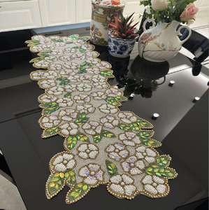 Unique traditional paisley motif cream and gold beaded <b>table</b> <b>runner</b> with a red flower focal design, available at wholesale price - Product Image 5