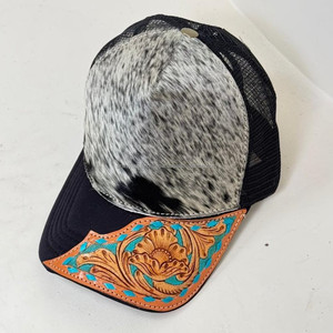 Genuine Cowhide Trucker Hat with <b>Tooled</b> <b>Leather</b> Floral Brim Western Style Mesh Caps Handmade Adjustable Snapback for Men & Women - Product Image 4