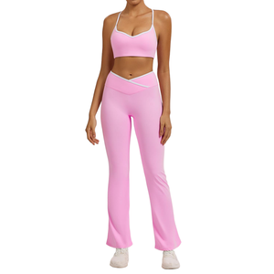 Conjunto Deportivo de Yoga de 2 Piezas para Mujer: Top Corto con Bloques de Color y Leggings Acampanados de Cintura Alta, Tejido Transpirable - Product Image 5