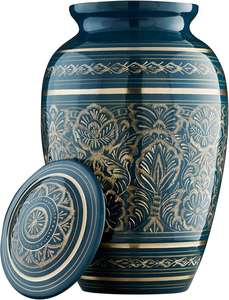 Urne funéraire de luxe de style européen, bleue à motifs floraux, en métal fait main, pour cendres d'adultes, motif doré, design personnalisable, 220 cm³ - Product Image 2