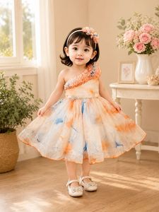 Vestido de gasa con un solo hombro para niñas pequeñas, estampado floral, con volantes, línea A, vestido de fiesta de verano, de 9 a 18 meses - Product Image 3