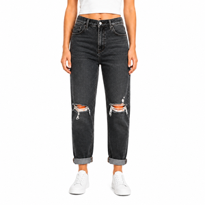 Jeans de Mujer de Cintura Alta, Estilo Boyfriend, Rectos, Desgastados, de Mezclilla, Corte Holgado, Largura al Tobillo, Color Sólido, Estilo Casual Urbano - Product Image 3