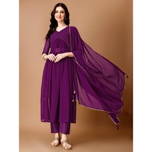 DISEÑADOR GEORGETTE FOIL PRINT WORK ALIA CUT KURTI PANT CON DUPATTA WINE - Product Image 1