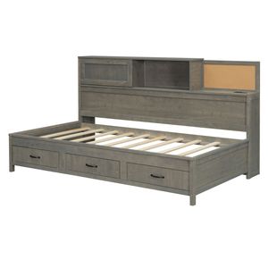 Divano letto singolo in legno grigio con 3 cassetti contenitore, ripiano superiore morbido e set di prese e porte USB - Product Image 5