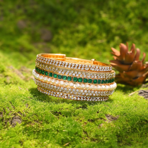 Gold Plated Green Kempu Bangles with Pearl and Diamond Accents - Product Image 3