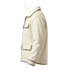 Men's <b>Beige</b> <b>Denim</b> Workwear <b>Jacket</b> Turn-down Collar Single Button Closure Regular Fit Solid Color Autumn Wear Breathable Pockets - Product Image 5